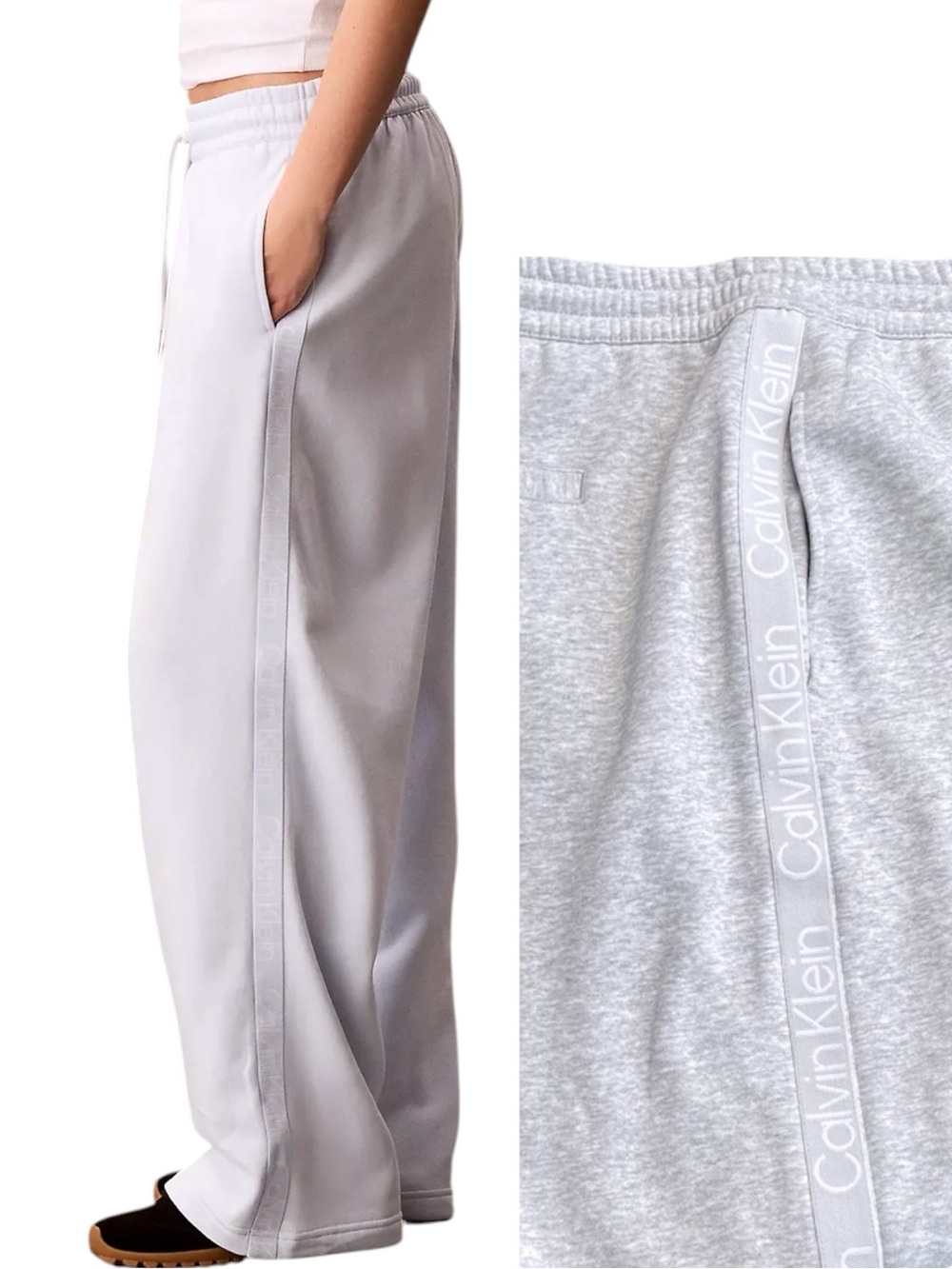 NWT Calvin Klein Light Heathered Grey Wide Leg Logo Tape Sweatpants (XL)